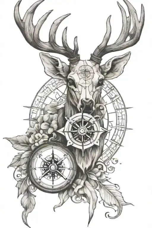 Deer skull with compass tattoo design idea