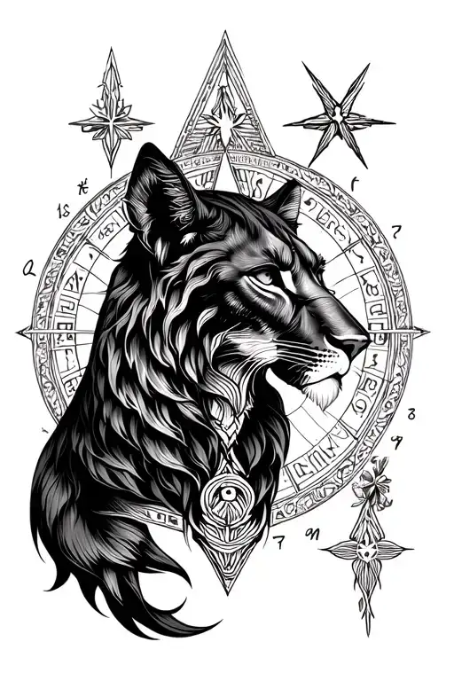 create a forearm tattoo centered on Leo featuring the Regulus star and sekhmet  tattoo design idea