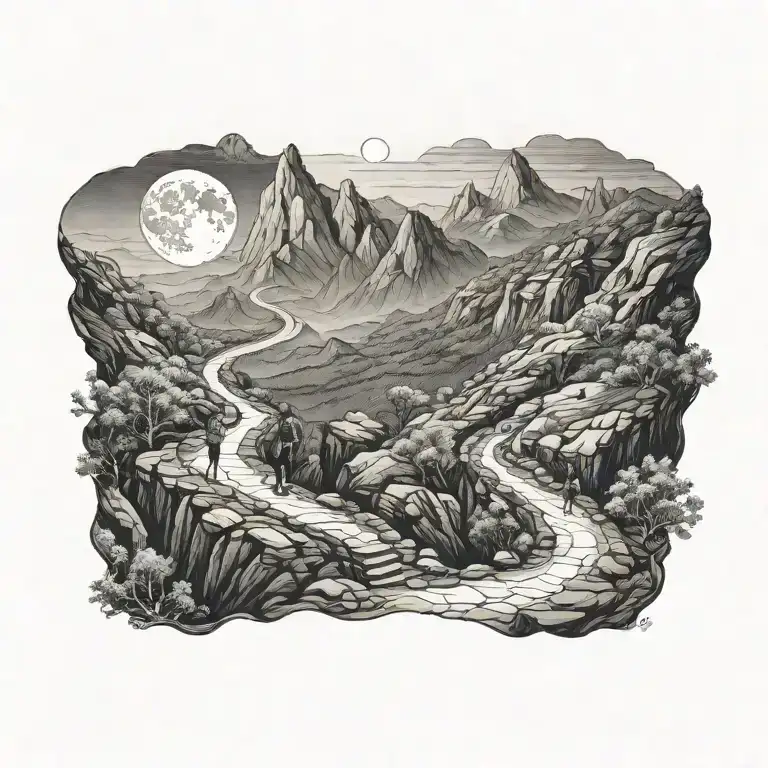 man hiking a winding road up a mountain I. the moonlight, zen, contemplative tattoo design idea