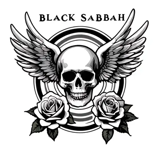 "Black Sabbath" skull wing attaches roses around circle made tattoo design idea