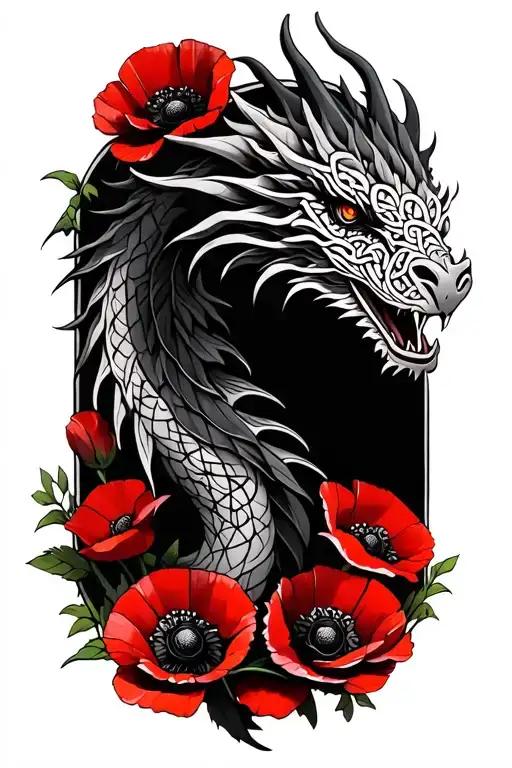 celtic dragon sureounded by red poppies tattoo design idea