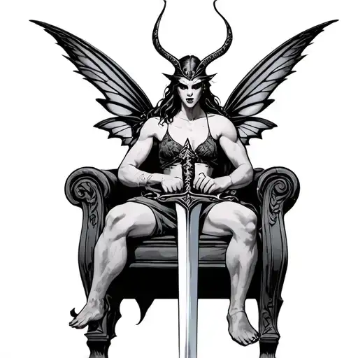 evil fairy, masculine, sword throne holding a sword tattoo design idea