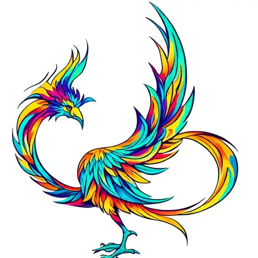 An abstract representation of a phoenix made up of swirling colors and patterns, with subtle references to massage therapy techniques like acupressure points tattoo design idea