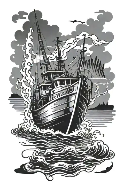 fishing boat motoring tattoo design idea