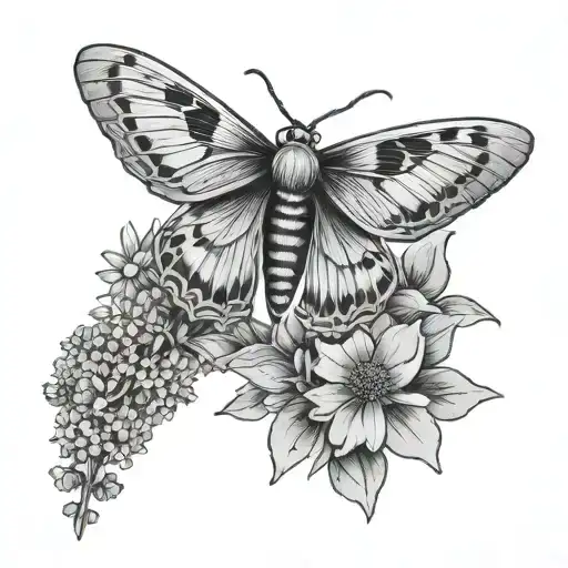 moth flying above wildflowers intertwined tattoo design idea