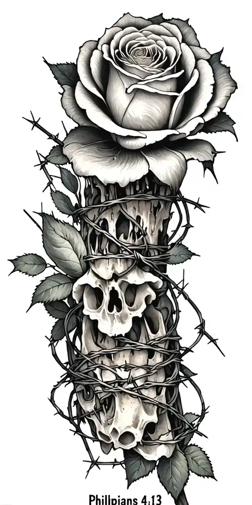 dead roses, barbed wire wrapped, and bible verse Philippians 4:13 tattoo design idea