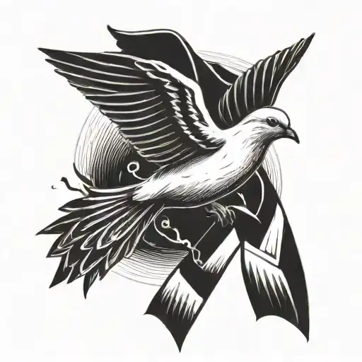 dove flying away with  cancer ribbon in its beak tattoo design idea