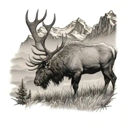 Bull elk grazing in a field in the shadow of the mountains tattoo design idea