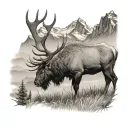 Bull elk grazing in a field in the shadow of the mountains tattoo design idea