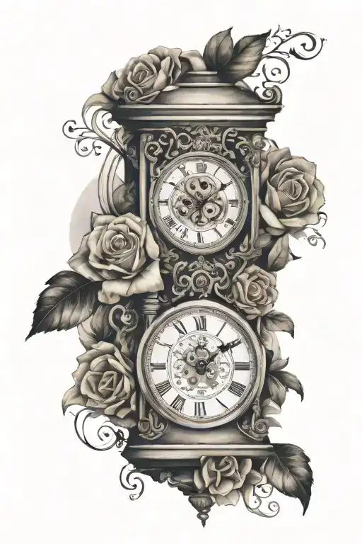 Half sleeve, Roman numeral clock says memento vivere and memento mori tattoo design idea