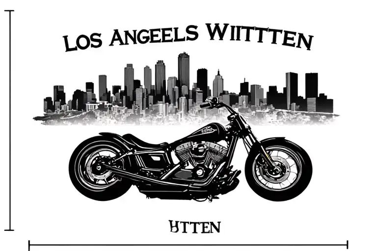 motorcycle memorial tattoo featuring the los angeles skyline, with city of angels witten  tattoo design idea