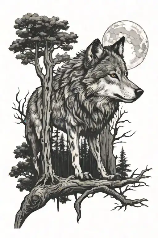 wolf and dark wood tree night tattoo design idea