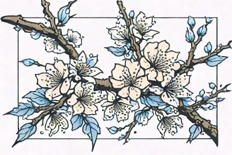 Cherry blossom petals falling deep blue hue black branch tattoo design idea