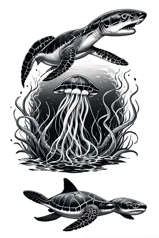 full left arm blackout sleeve that is ocean themed with turtles and sharks and jellyfish and squid incorporated, realism tattoo design idea