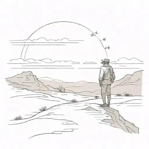 A sketch of a lone figure standing in the vast desert under a star-filled sky, capturing the solitude and awe of the desert night tattoo design idea