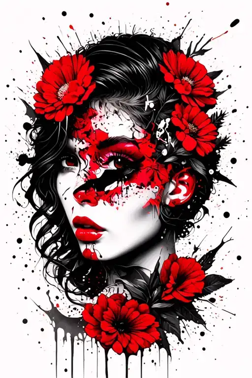 Blackout Female face and flowers intertwined within tattoo design idea