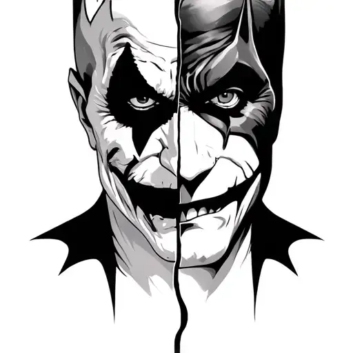 Half joker, half batman face split down the middle tattoo design idea