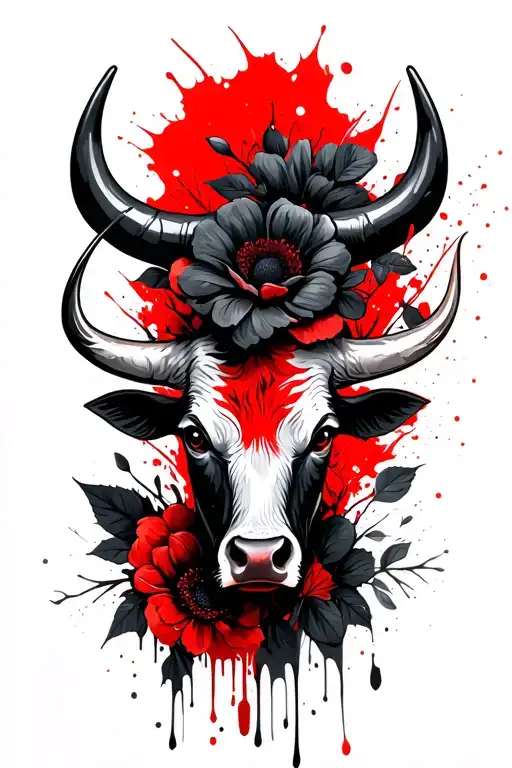 Bull bull head, black flowers and leaves tattoo design idea