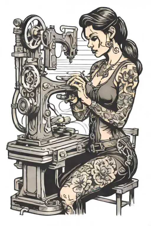 welding woman holding a sewing machine tattoo design idea