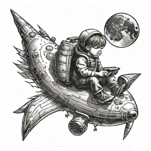 Little boy riding a pizza planet rocket near the moon tattoo design idea