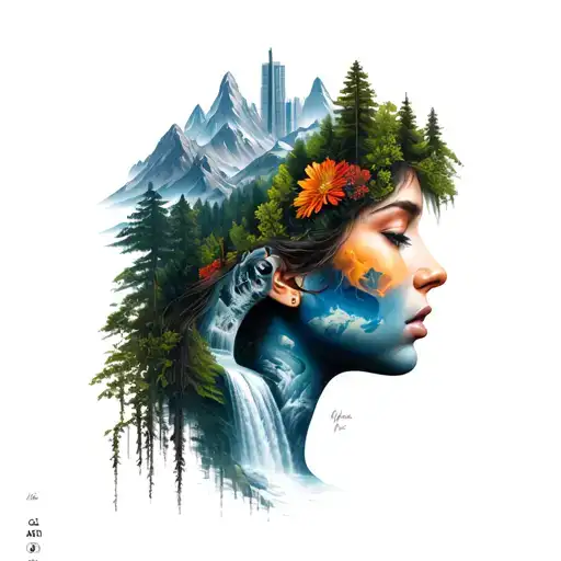 Woman made of nature (mountains, trees, flowers, waterfall, earth) / Face formed from landscape / Gun made of city build tattoo design idea