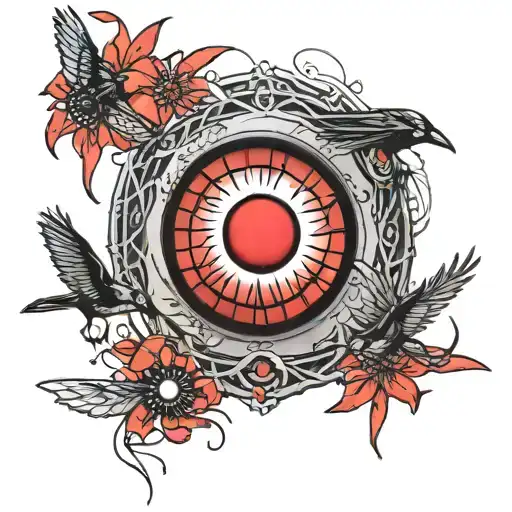 red sharingan eye, crows flying, red spider lily flowers growing tattoo design idea