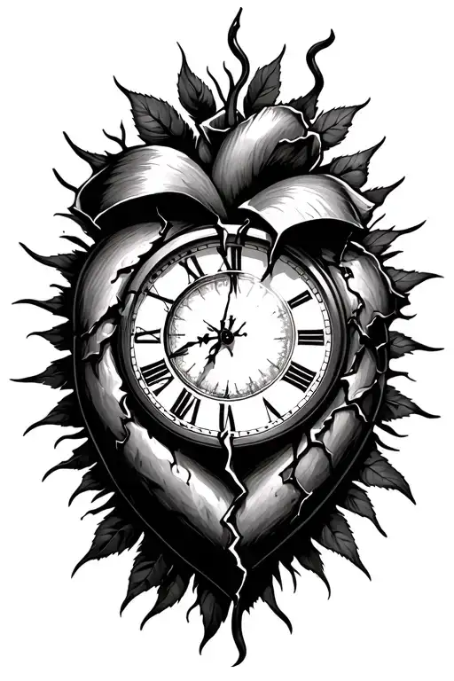 Anxiety depression survivors broken heart broken clock black rose sun light tattoo design idea