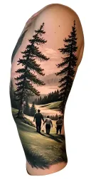 pine forest scene and family on golf course and ansel adams tattoo design idea