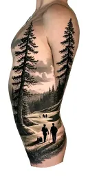 pine forest scene and family on golf course and ansel adams tattoo design idea