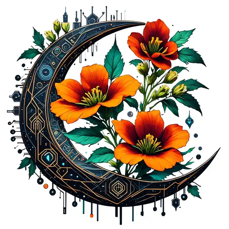 evening primrose, campanula, and balsam in the shape of a crescent moon tattoo design idea