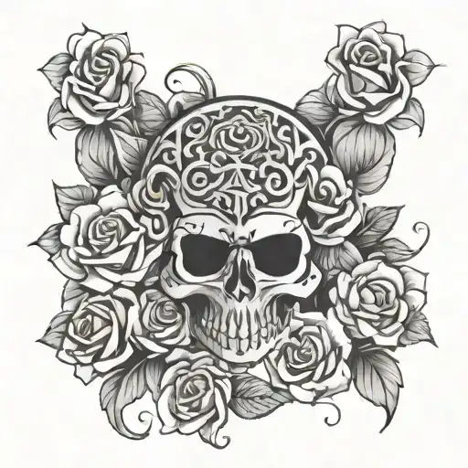 aztec skull with roses intertwined and shaded tattoo design idea