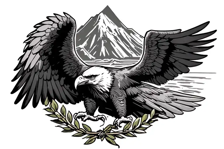 Bald eagle spread wings with palestinian olive wreath outline and volcano in background  tattoo design idea