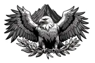 Bald eagle spread wings with palestinian olive wreath outline and volcano in background  tattoo design idea