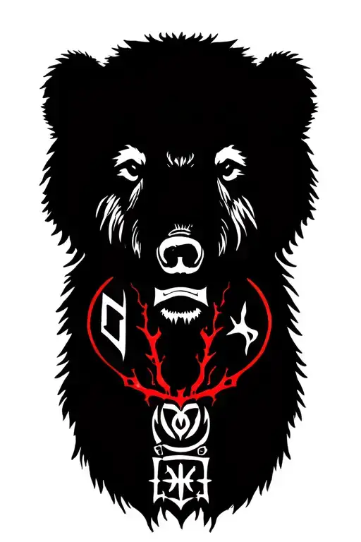 grizzly bear with viking runes, death and blood moon tattoo design idea