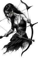 Woman holding bow and arrow realistic tattoo design idea