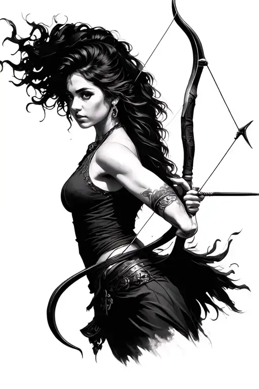 Woman holding bow and arrow realistic tattoo design idea
