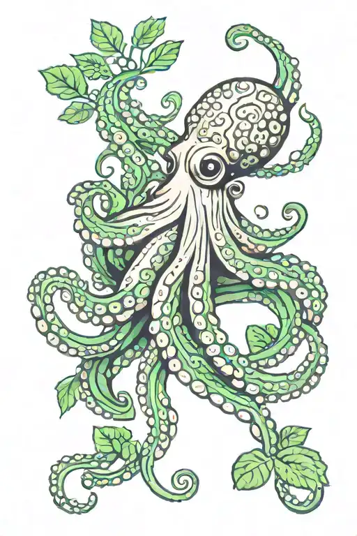 cute octopus and green leaves thick lines connecting different tattoo design idea