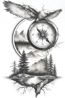 pine tree forest with stream and mountains with compass and dove and  father and son walking  tattoo design idea
