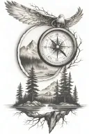 pine tree forest with stream and mountains with compass and dove and  father and son walking  tattoo design idea