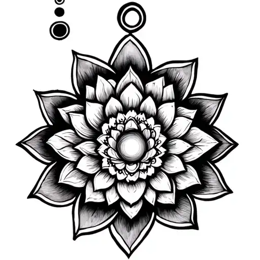 all chakras in a line going down, three dots in between each one, lotus flower at the top, unalome at the end tattoo design idea
