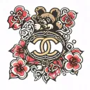 chanel logo with hearts and paw prints tattoo design idea