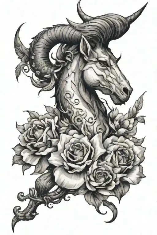 shoulder tattoo featuring Capricorn and flowers growing tattoo design idea