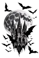 can you create the tattoo stencil  With gothic cathedral , the a full moon, large swarm of bats, a swarm of and crows ,l tattoo design idea