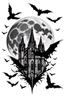can you create the tattoo stencil  With gothic cathedral , the a full moon, large swarm of bats, a swarm of and crows ,l tattoo design idea