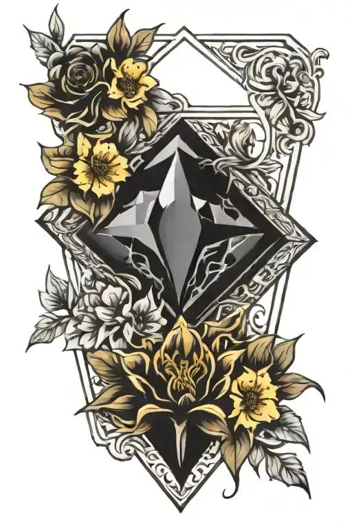 diamond shape inside color with water, sun, and flowers. outside diamonds flowers continue in black artsy style tattoo design idea