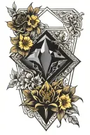 diamond shape inside color with water, sun, and flowers. outside diamonds flowers continue in black artsy style tattoo design idea