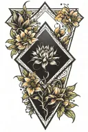 diamond shape inside color with water, sun, and flowers. outside diamonds flowers continue in black artsy style tattoo design idea