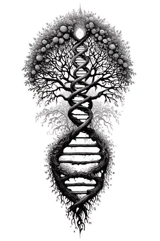Tree of Life growing + DNA double helix intertwined tattoo design idea