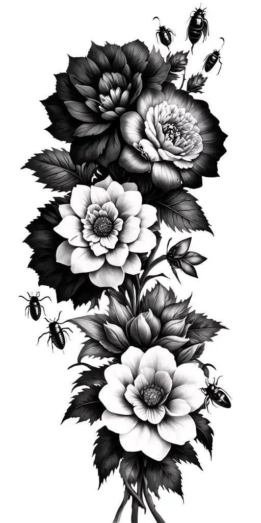 gothic flowers including Dahlias, hollyhocks, hellebore, black star gladiolus and bugs full sleeve tattoo tattoo design idea