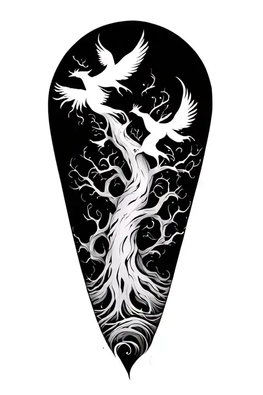 Abstract tree with flashes and waves, torn lines and phoenixes for it tattoo design idea